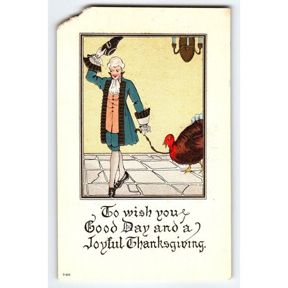 Vintage Thanksgiving Postcard Man with Turkey Lithograph T-85 Torn Corner - Picture 1 of 2